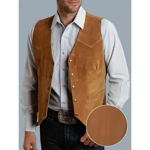 Men's Suede Leather Vest Vintage Cowboy Style Sleeveless Jacket Slim Fit Wedding Waistcoats