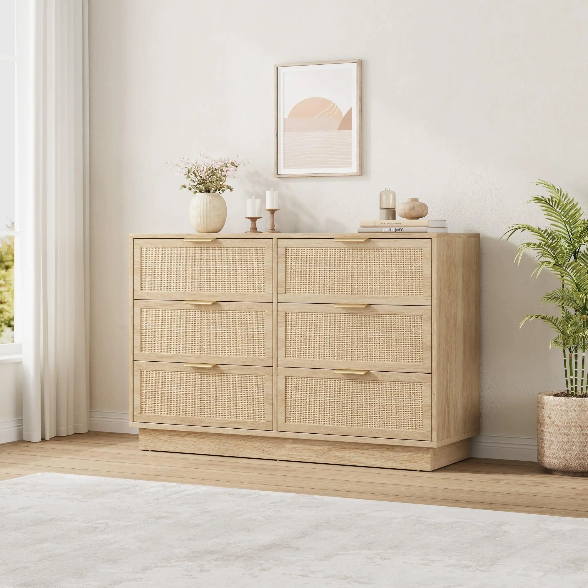 GARVEE 6-Drawer Woven Rattan Chest Drawers, Natural Wood Bedroom Dresser with Integrated Legs, Easy-Assembly Storage for Hallway, Closet