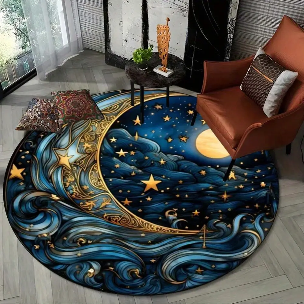 1.76 lbs per Square Meter Crystal Velvet Magic Sun Moon Round Carpet Blue Painting Round Carpet, Suitable for Living Room Bedroom Chair Carpet Home Decoration Gift