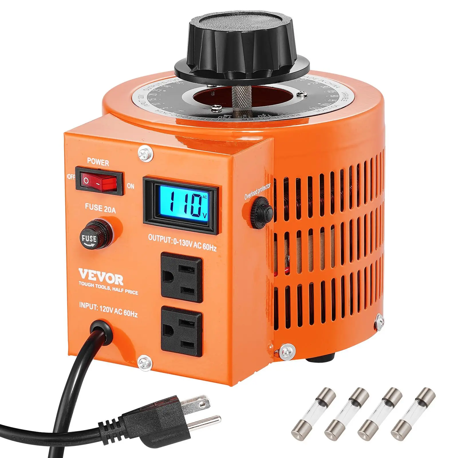 【fathersdaygift】VEVOR 2000VA Auto Variable Voltage Transformer 15.3 Amp110V Input 0-130V Output AC Voltage Regulatorwith LCD Display 4 Extra Fuses Thermal Control Switch for Home Industrial Office, Adjustable