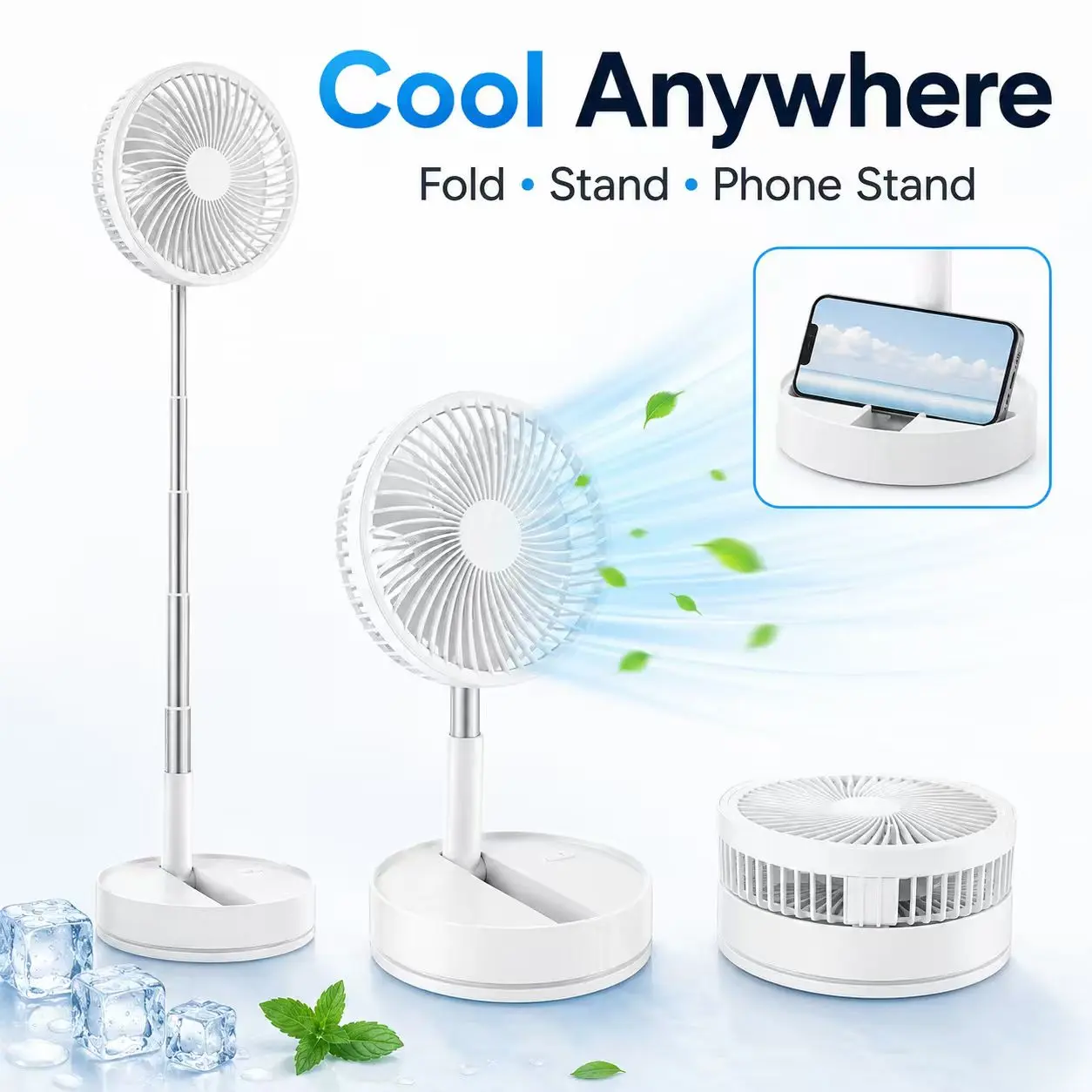Portable standing fan, USB floor fan powered by a rechargeable battery, equipped with a remote control, suitable for use in bedrooms, camping, or travel.
