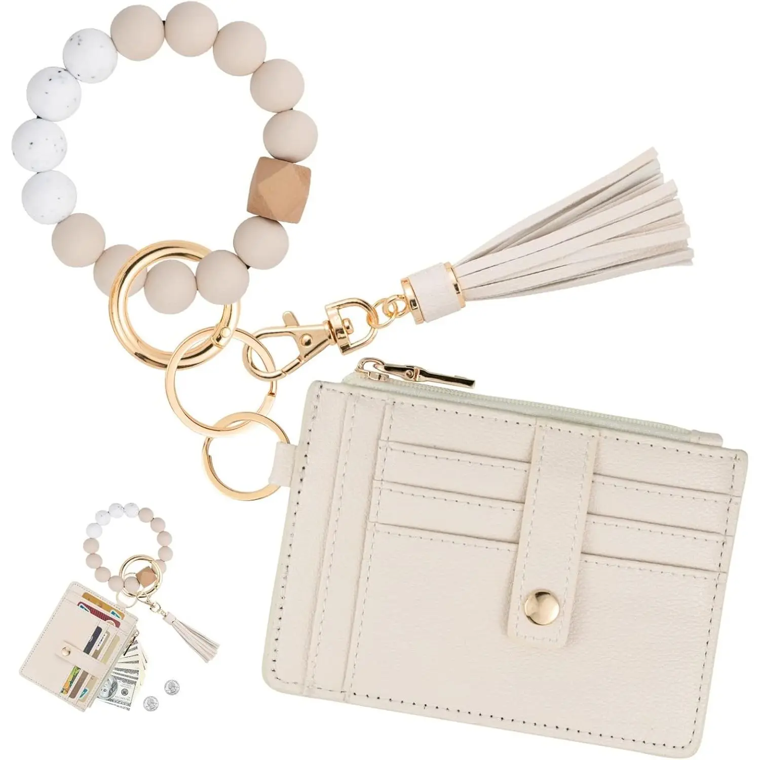 Women's Slim Vegan Leather RFID Wallets with Stylish Bangle Keychain Pouch, Portable Snap Hook Wristlet with Tassel - Home Organizer Storage Accessory, Portable Keychain