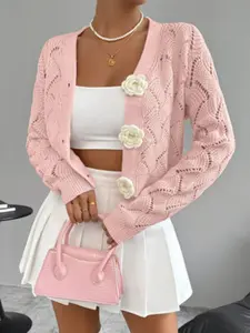 2026 New Spring Fall European Style Elegant Solid Color Lace Knit Cardigan, Women's Cute Floral Button Knit Jacket, Fitted Pattern Pro