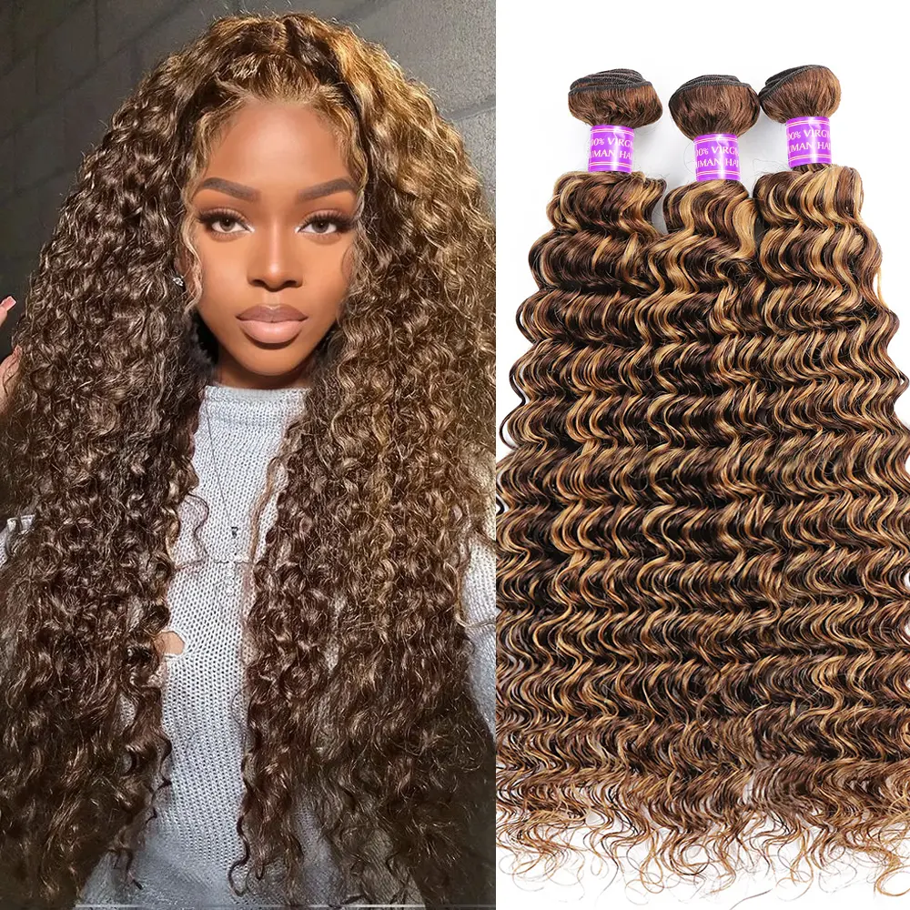 Highlight Deep Wave Bundles P4/27 Ombre Colored Human Hair Bundles Brown Brazilian Hair Weave Bundle 3/4 Remy Hair Bundles #Summervibes