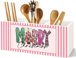 Pink Glitter Merry Christmas Kitchen Utensil Holder, Coquette Christmas Tree 3 Compartment Cooking Utensil Holder for Kitchen Counter, Preppy Xmas Wooden Storage Organizer Box