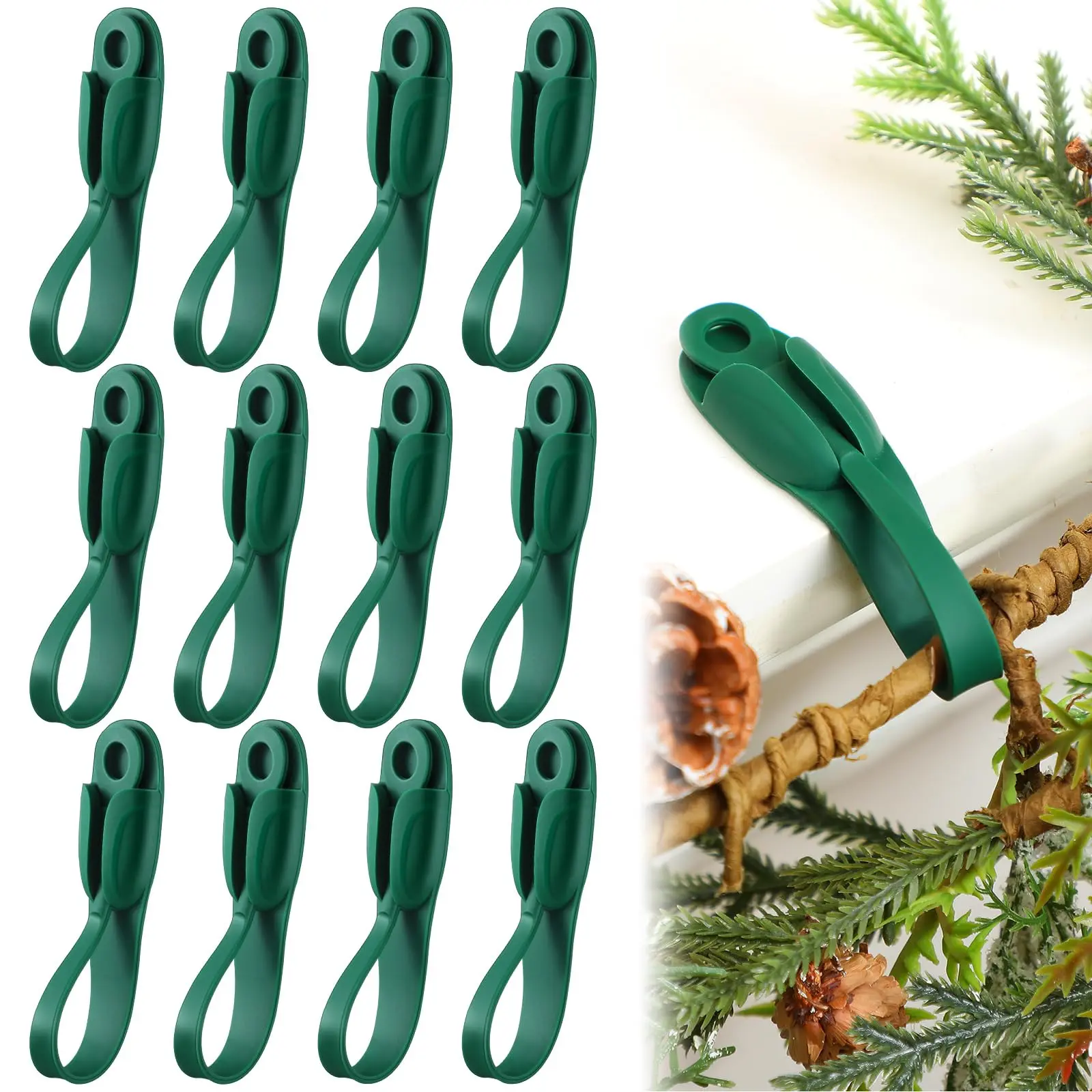 12/24 Pcs Christmas Garland Hook Pine Branch Garland Wall Hooks Green Wall Hanger Mantle Wreath Hook Christmas Garland Ties Stocking Holder Reusable Silicone Adhesive Straps Decoration for Fireplace Stairways  Home Decor Party  2024 ornament