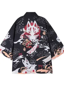 KIMONO Men Men's Fox Mask Kimono Cardigan Fox Kitsune Inari Totem Prints Loose Fit 3/4 Sleeve Traditional Japanese Cultural Ukiyoe Style All-Season Casual Wear Ukiyoe Haori Women Clothes