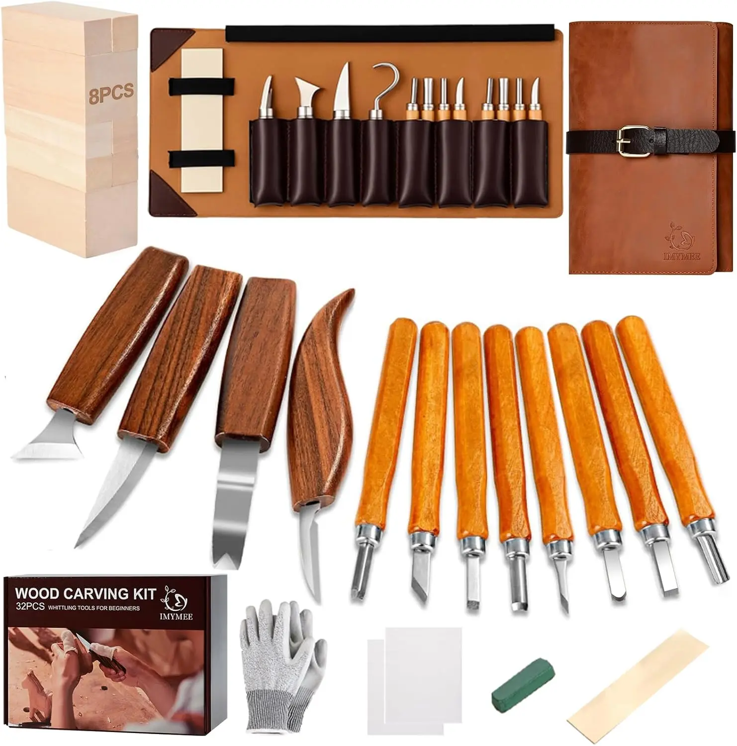 Wood Carving Kit with Leather Case,Wood Carving Tools Set with Wood Carving Knife,Detail Knives,Basswood Blocks,Gloves,Strop Block,Polishing Compound for Whittling Kit Hobbies for Adults father day gift
