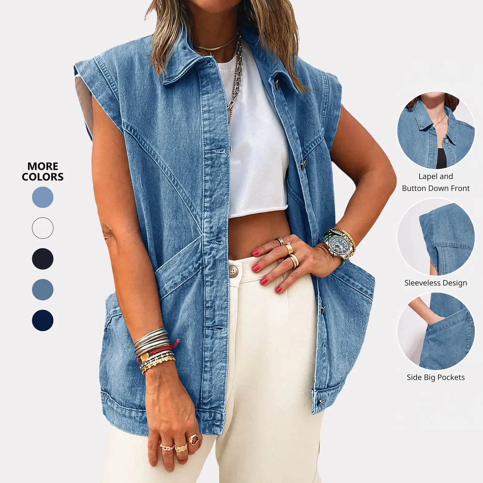 Flowyair Womens Oversized Sleeveless Denim Vest Classic Button Down Jean Vest Casual Utility Lapel Jean Jacket Tops Womenswear Collared