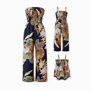 PatPat Family Matching Tropical Floral Print Smocked Top Strap Wide-Leg Jumpsuits for Mommy and Me
