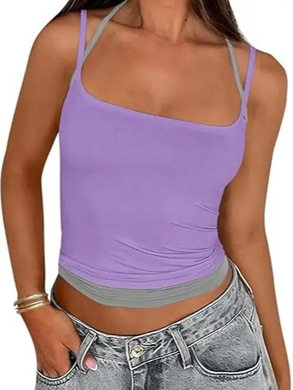 Yousify Women’s Yoga-Inspired Tank Top - Athletic Top with Crossed Double Spaghetti Straps, High-Rise Fitted Stretchy Built-in Support Activewear for Fitness, Casual Sporty Vest, Women's Clothes