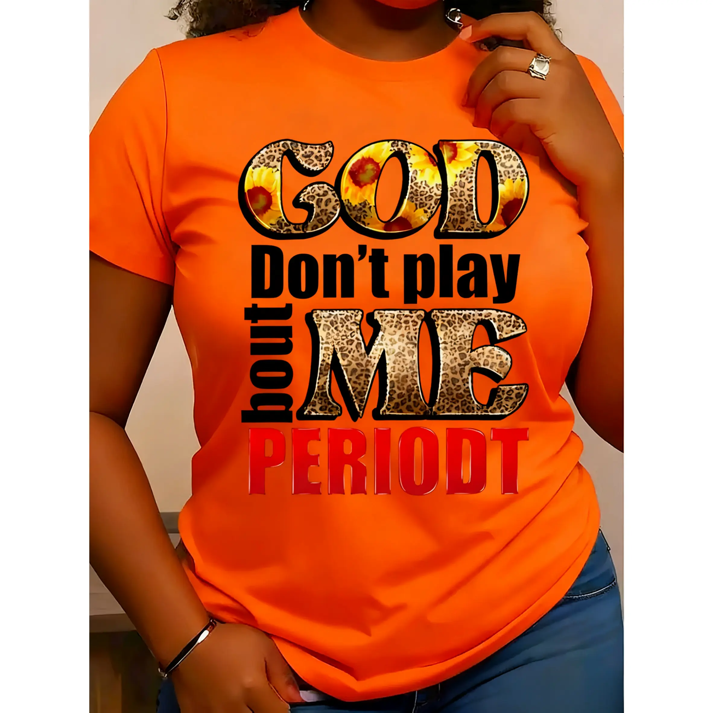 Women's "God Don't Play With Me" Graphic Cotton T-Shirt, Short Sleeve Leopard Print Top with a Round Neck Classic Fit, Shortsleeve