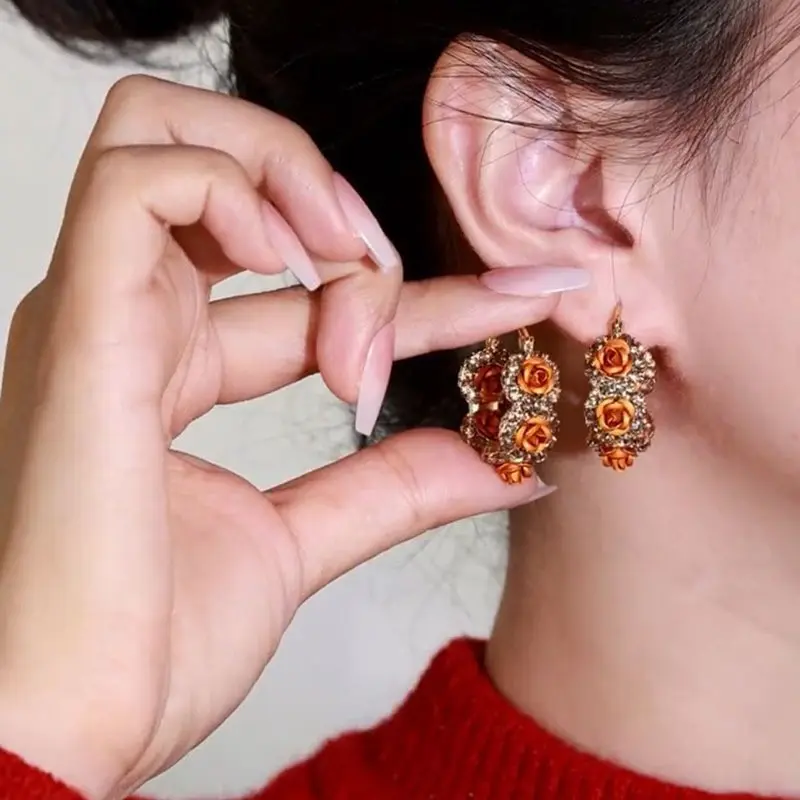 Women's Artificial Gemstone Drop Earrings - Purple & Red Rose Motif, Flowers Art Design, Sparkling Detail, Trendy Female Jewelry Accessories AE50213-EH tiktokshopbacktoschool