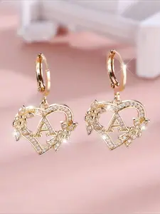 Heart Drop Hoop Earrings with Letter Engraving A-Z - Synthetic Cubic Zirconia Dangle Earrings - Copper Ear Needle, No Plating, Floral Design, Flower Earrings, for Women Over 15 Years Old, College Theme, Ear Hoops