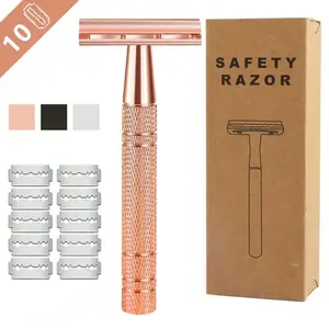 Matte Rose Gold Safety Razor, Single Blade Razors for Women, Reusable Metal Razor, with 10 Stainless Steel Double Edge Blades, Eco-friendly, Smooth & Close Shave, Plastic Free