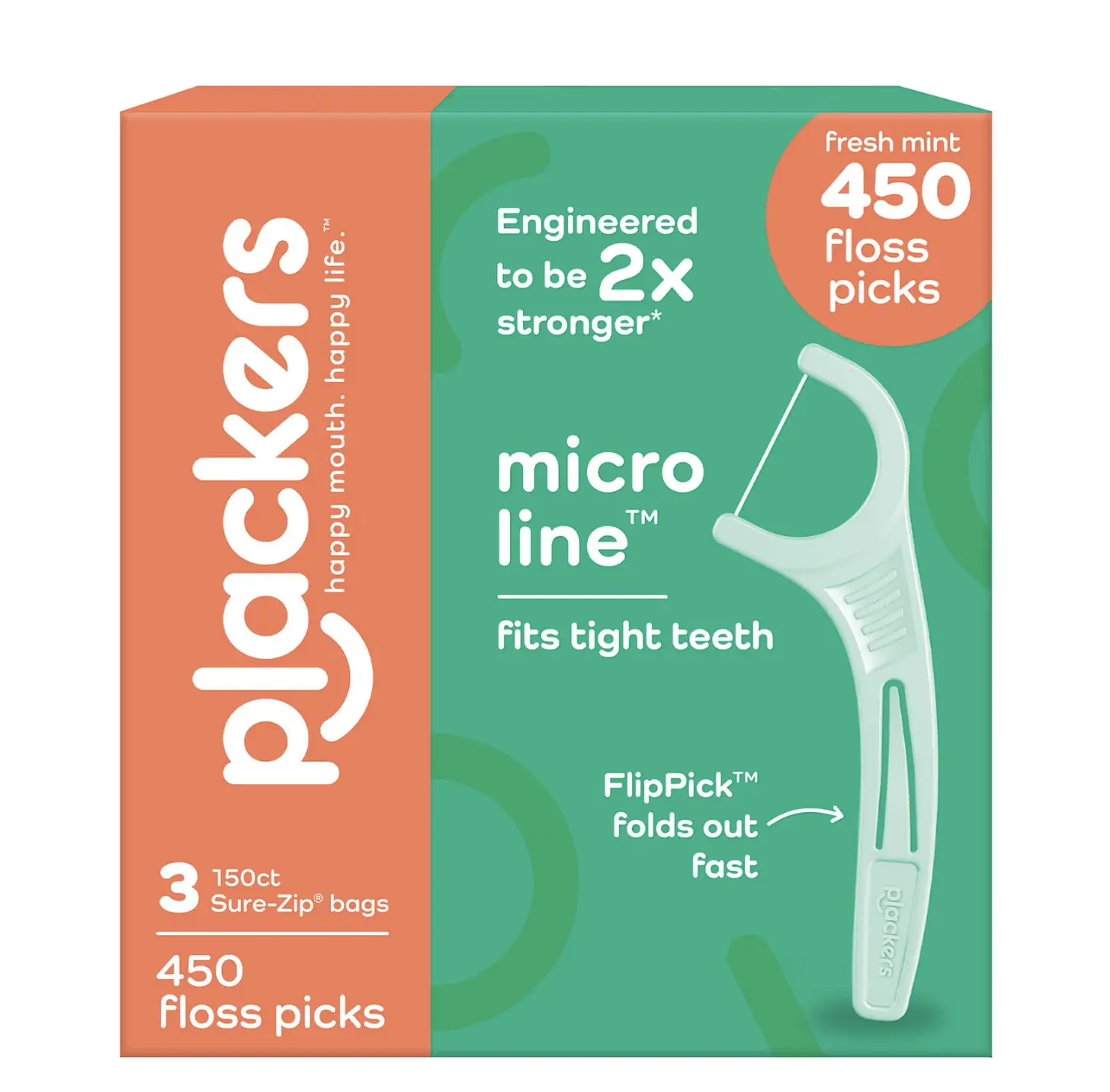 Micro Line Oral Floss Picks, 450 Count, Fresh Mint Flavor, 2x Stronger, Tight Teeth-Fitting, FlipPick Design, 3 Sure-Zip Bags for Daily Dental Care