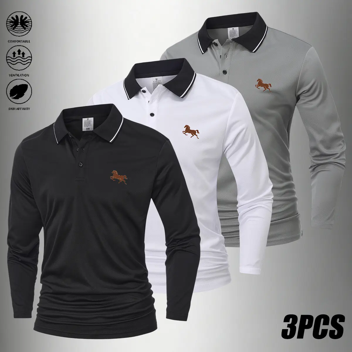 JOGWAVE 3PCS Men’s Polo Shirt Set, casual men’s polo shirt, solid color basic design with button front and collar; polyester polo shirt, machine washable, comfortable and stretchy — suitable for golf, everyday casual wear, fishing, and camping, ideal for