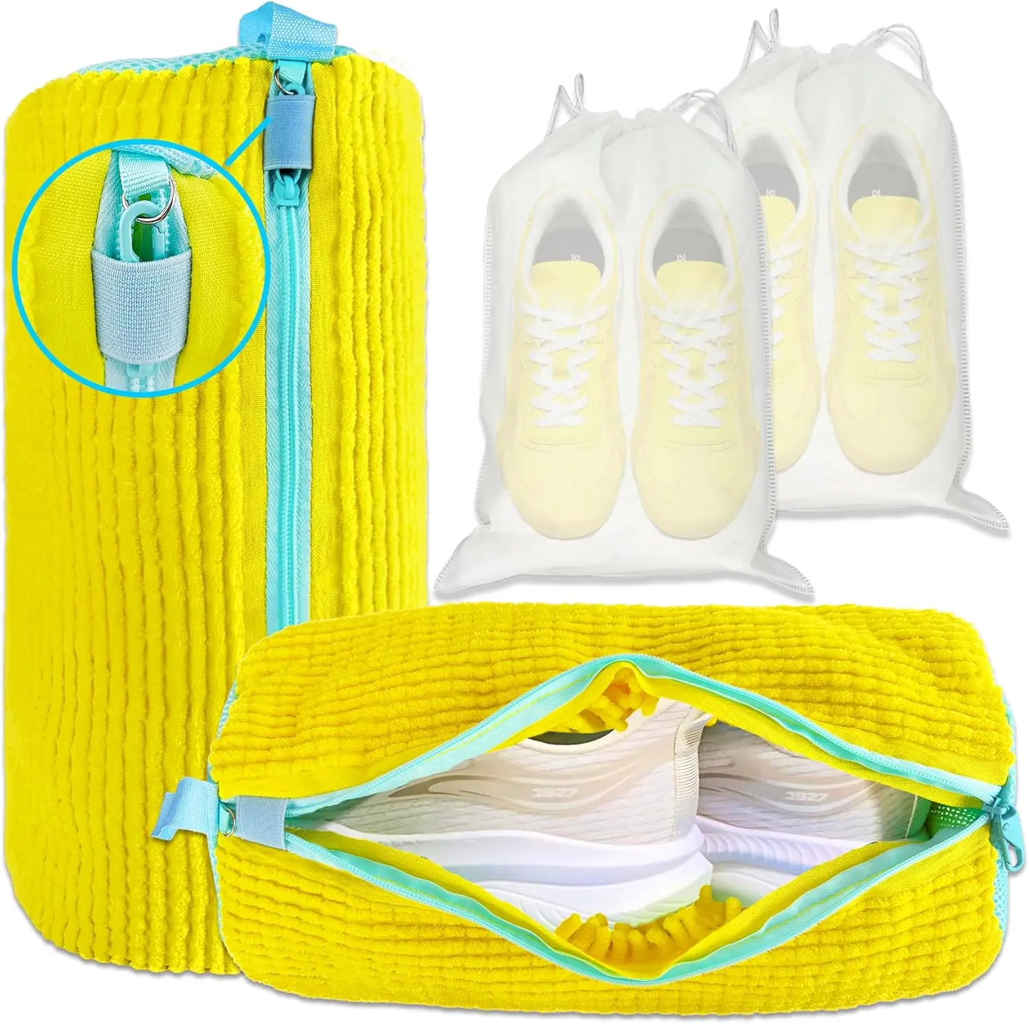 2-Pack XXL Shoe Washing Machine Bags – Reusable Sneaker Laundry Bags for Washer & Dryer, Sturdy Zipper with Hook, 360° Clean for Tennis Shoes, Slippers – Includes 2 Yellow Shoe Dust Bags