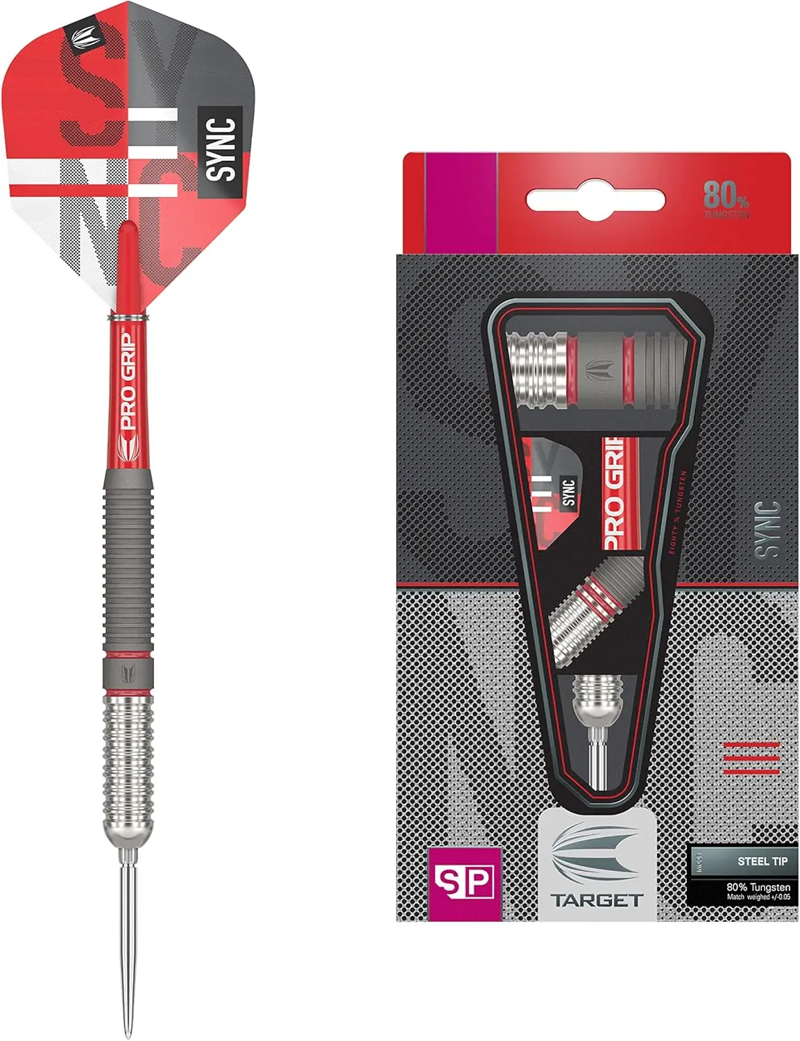 Target Darts Pro Grip Sync SP 80% Tungsten Steel Tip Dart Set with Sync Flights, Professional Metal Tip Gear with Swiss Points & Case, Darts Metal Tip