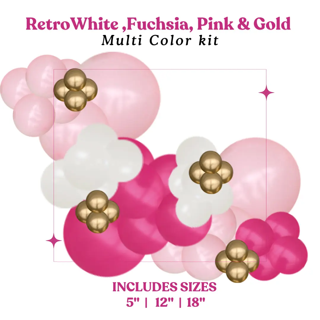 Pretty In Pink Balloon Garland Combo Pack Retro White Fuchsia Pink & Gold Multi Color Kit Includes Sizes 5 12 18 Decoration Elegant Pastel Wedding