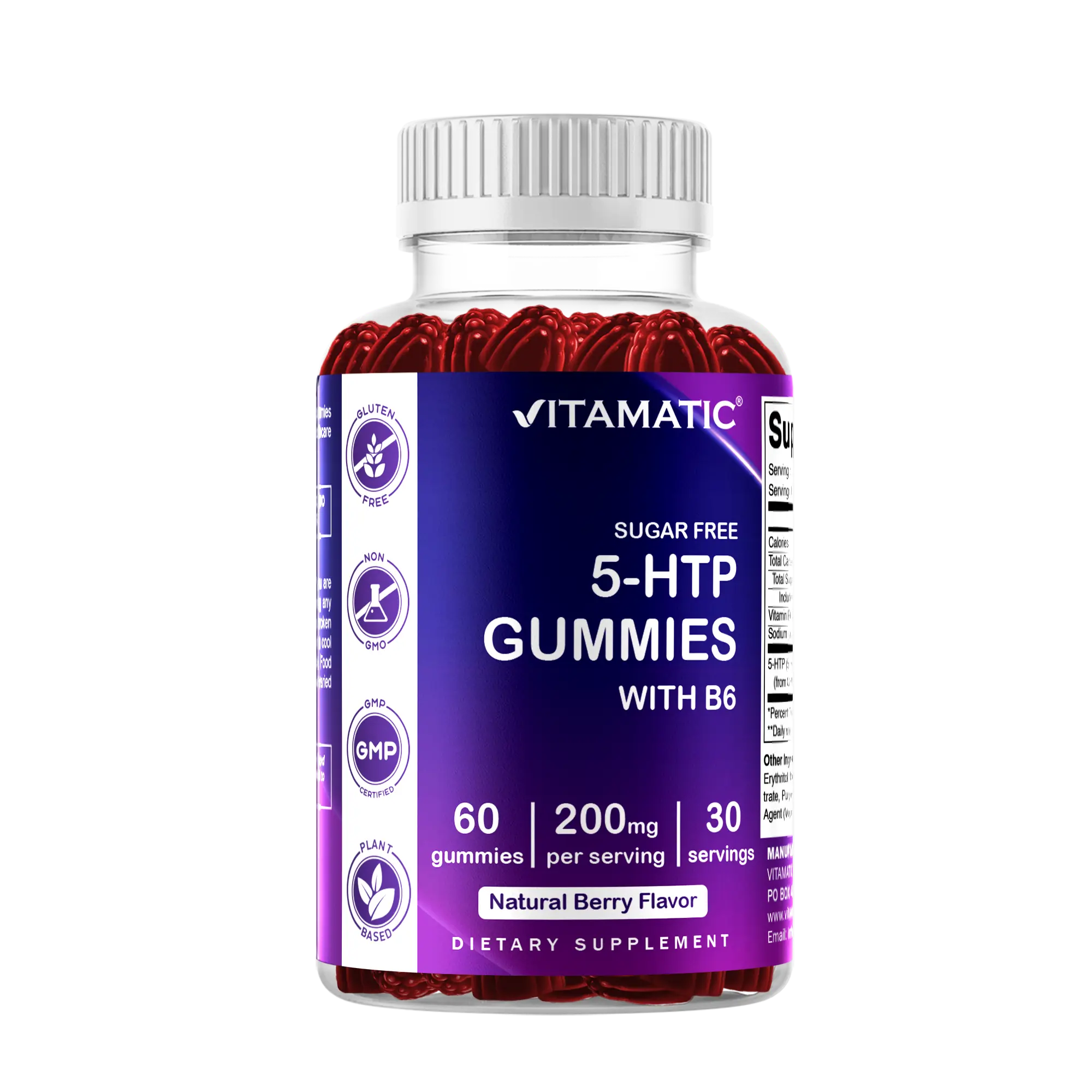 Vitamatic Sugar Free 5-HTP 200mg Dietary Gummies - Natural, Gluten Free, Chewable, US-Made, with B6 per Serving, 60 Pectin Based Daily Nutrition Supplement, Dietary Supplements, Gummy Vitamins Supplements