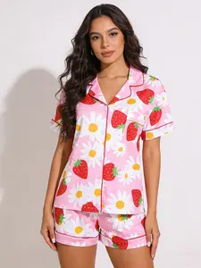 Women's Floral Strawberry Print Pajama Set, Short Sleeve Shorts, Casual Homewear for Spring Summer Fall, All Seasons Fitted Sleepwear, Sleep Pajamas Shorts