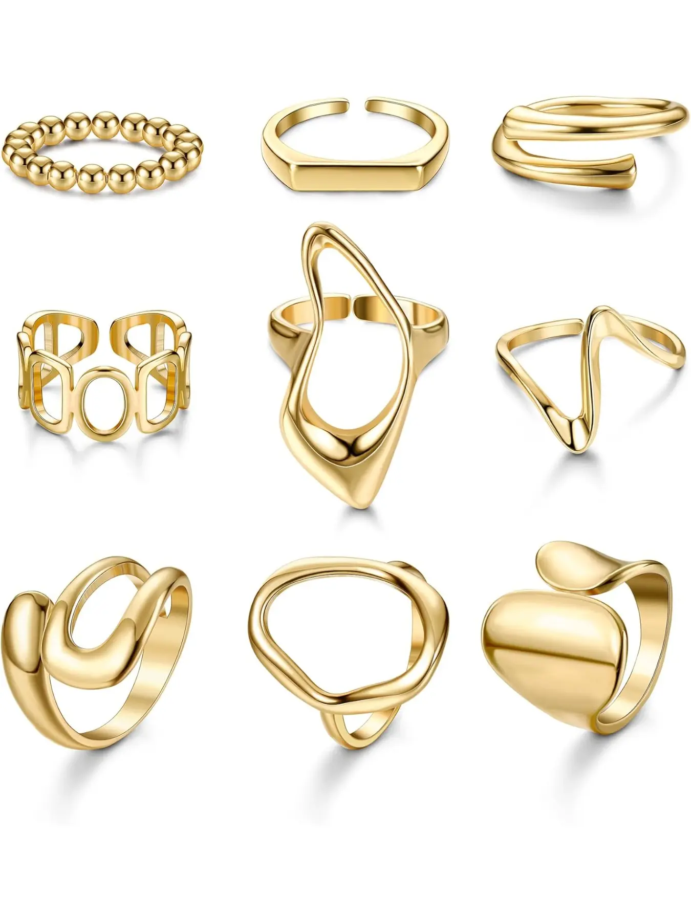 9 Pcs Gold Plated Chunky Rings for Women 18K Gold Plated Ring Set Dome Thick Open Rings Adjustable Fashion Stackable Rings