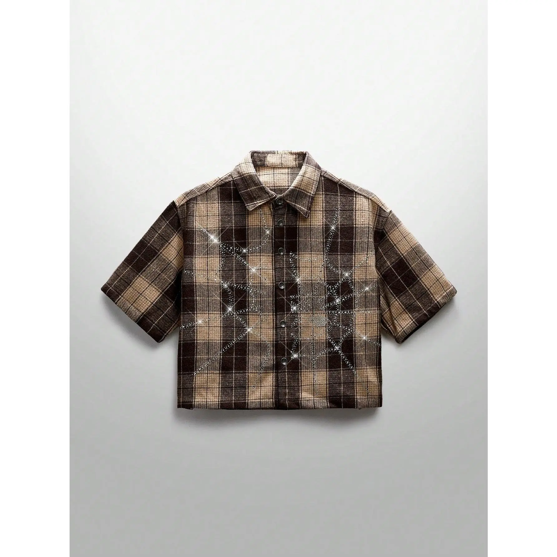 【Order Size Up】Unisex Spring Summer Glitter Street Style Crystal Spider Web Plaid Short Sleeve Woven Shirt