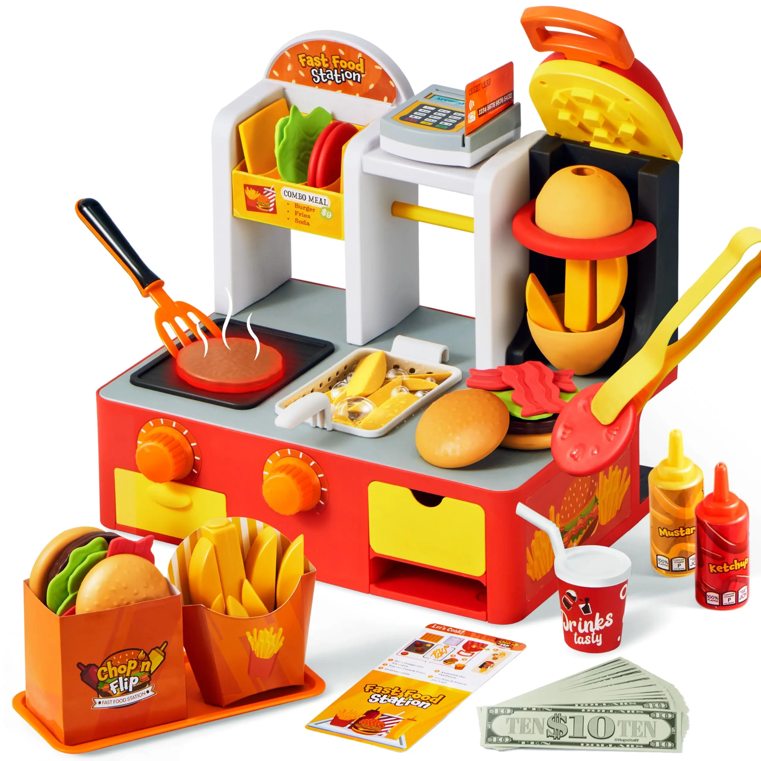 Play Kitchen Toddler Toy - 40+ PCS Fast Food Station with Potato Cutter, Simulated Frying Effect & Lights, Order & Drink Station - Pretend Play Food Toy Birthday Gift for Boys Girls teen girl gifts