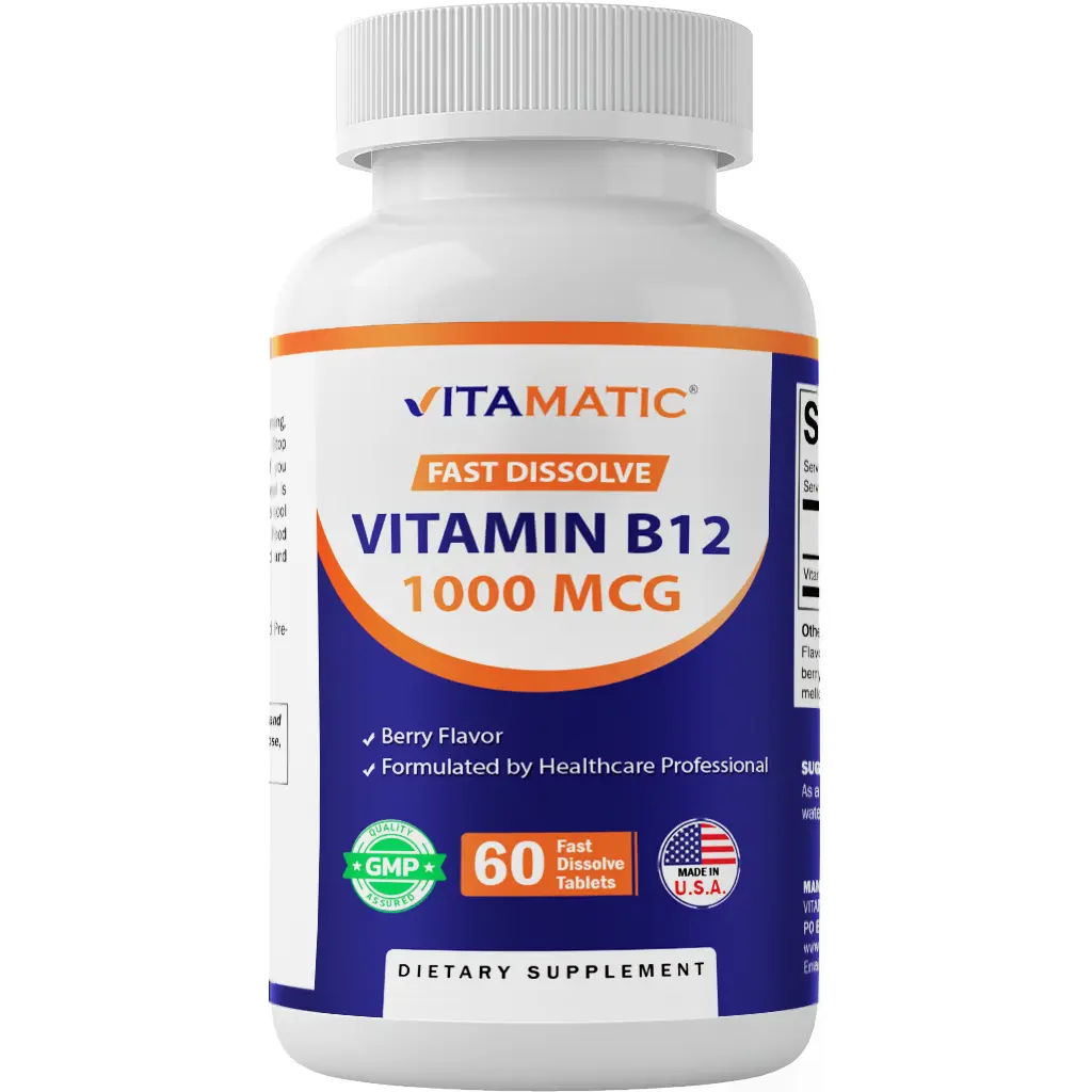 Vitamatic Fast-Dissolve Vitamin B12 Tablets, 1000 mcg, 60 Count, Natural Berry Flavor, Clean Nutrient Vitamins Supplements, Healthcare Self Care Products, Supports Energy Metabolism & Nervous System Health, GMP Certified, USA-Made