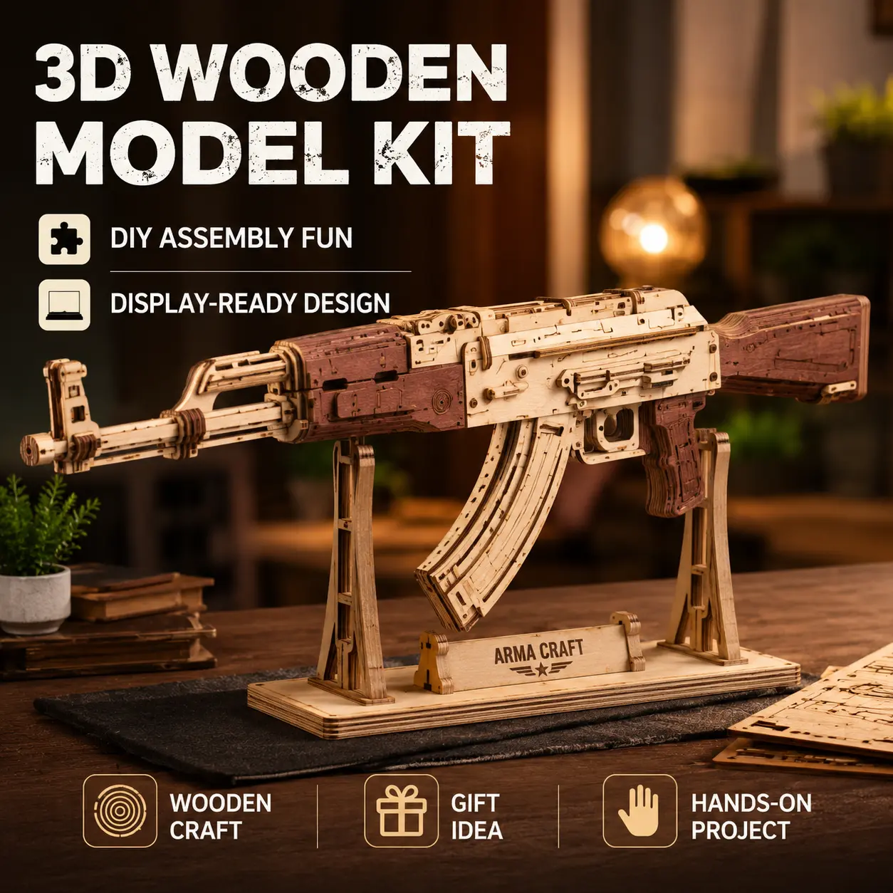 【ROKR 】315-PCS Mechanical 3D Wooden Puzzle Model Kit, Rubber Band Motion DIY Construction Puzzle, STEM Stress Relief Toy, Graduation Gifts for Teenage Boys & Toys for Grown Ups, Cool Boy Gifts