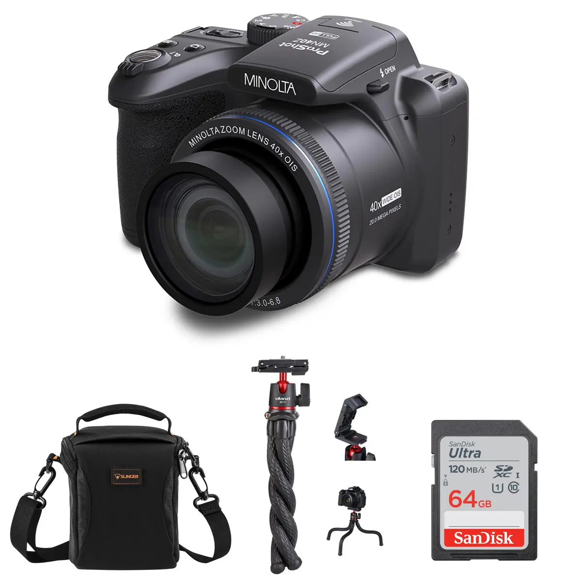 Minolta ProShot MN40Z 20MP Full HD Camera with 40x Optical Zoom, Black, Bundle with MT-11 Multifunctional Octopus Tripod, 64GB SDXC Memory Card and Shoulder Bag
