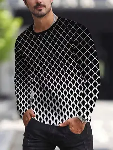 Men's Casual Sport Long Sleeve T-Shirt, Polyester Knit Fabric, Round Neck Tops, Geometric Pattern, Micro Elastic, Spring & Fall, Casual Sports Top, Casual Athletic Wear