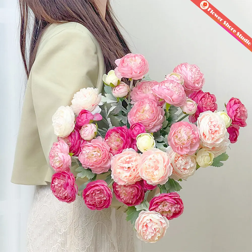 20 Pcs Premium Silk Ranunculus & Peony Artificial Flowers - Pink-Cream-White Dusty Stems, Realistic Blooms for Wedding Bridal Bouquet, Arrangement Box, Casual Floral Decor, Auspicious Gift for Her