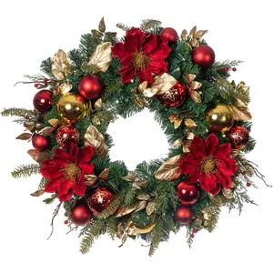 Golden Leaf Red Magnolia Lighted Christmas Wreath