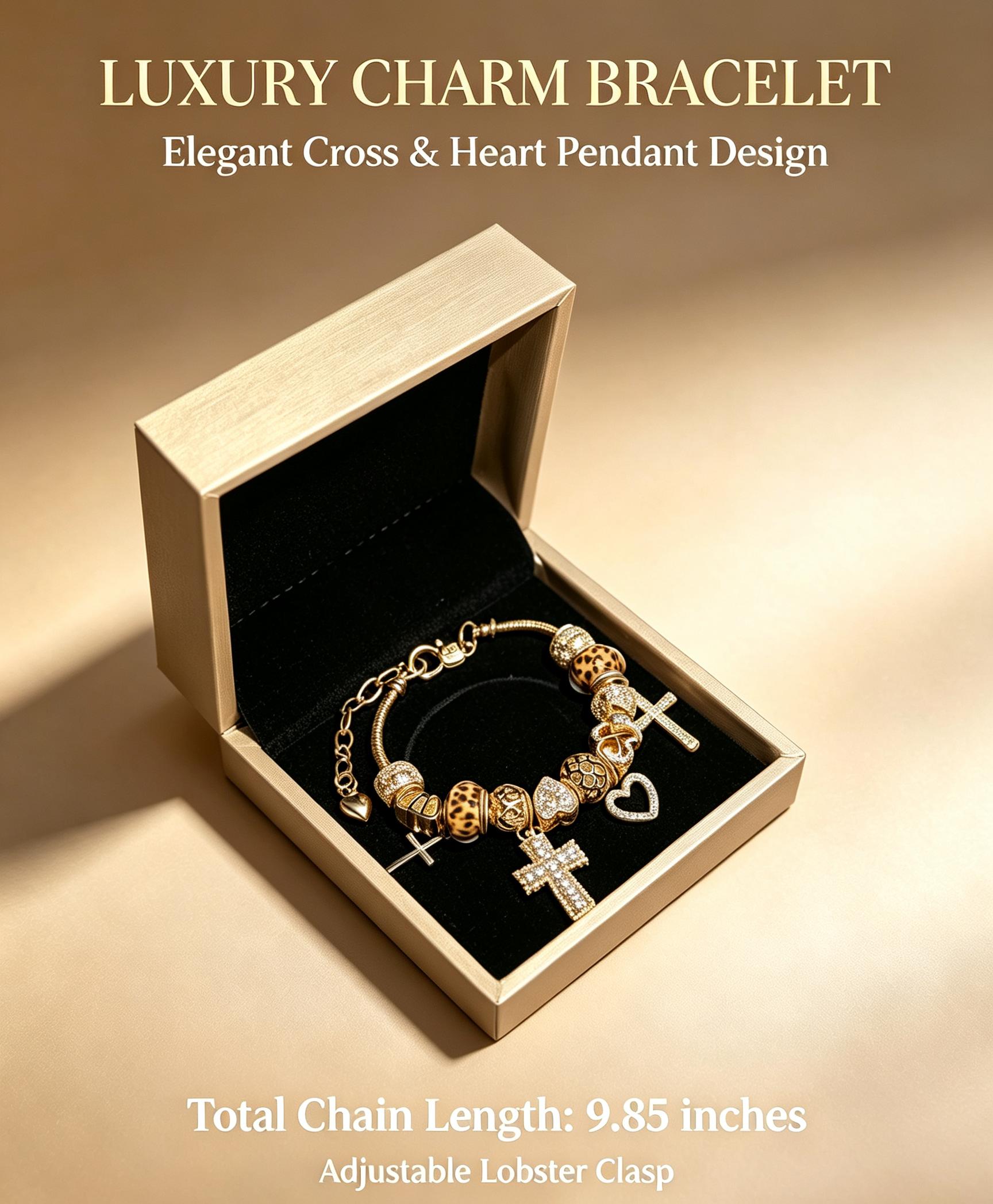 Gold Plated Leopard Print Bead Charm Bracelet, Cross & Heart Crystal Dangle Snake Chain Bracelet, Vintage Luxury Stackable Jewelry Gift for Women