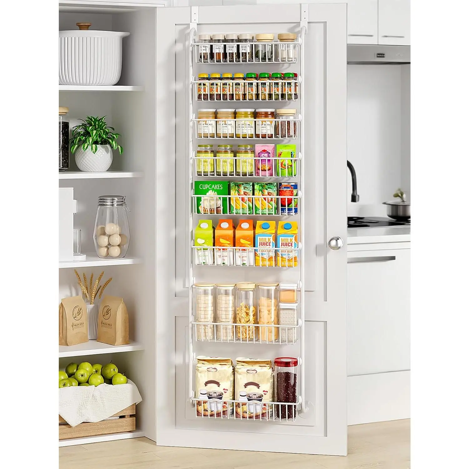 8-Tier Over The Door Pantry Organizer, Metal Hanging Spice Rack with Adjustable Basket, Pantry Door Storage Organizer for Home Kitchen Bathroom, White