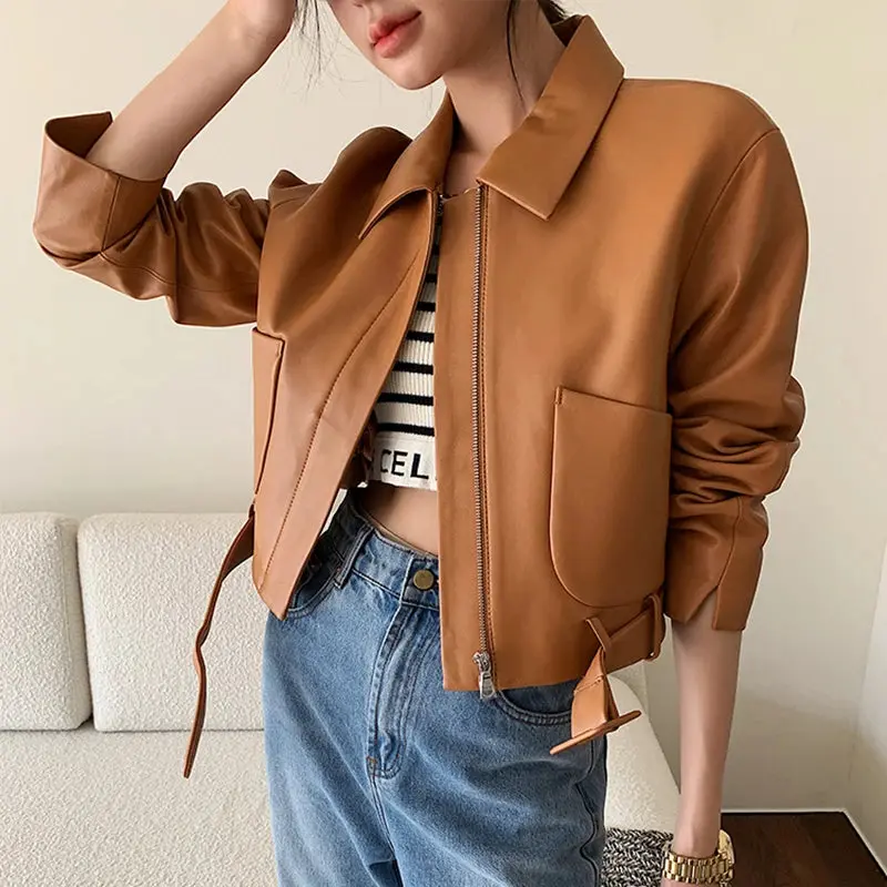 Women's Autumn Winter Korean Sheepskin Zipper Loose Short Jacket