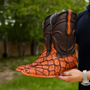 Matte Rustic Cognac Pirarucu Leather Boots - Square Toe