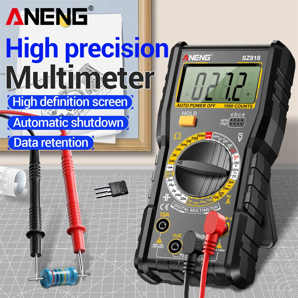 ANENG SZ818 Compact Digital Multimeter Tester - 1999 Counts, Backlit LCD Display, AC/DC Voltage, DC Current, Resistance, Capacitance, Diode & Continuity Test, Insulated Tips, Dual Fuses, for Electricians, Lightweight Father's Day Gift