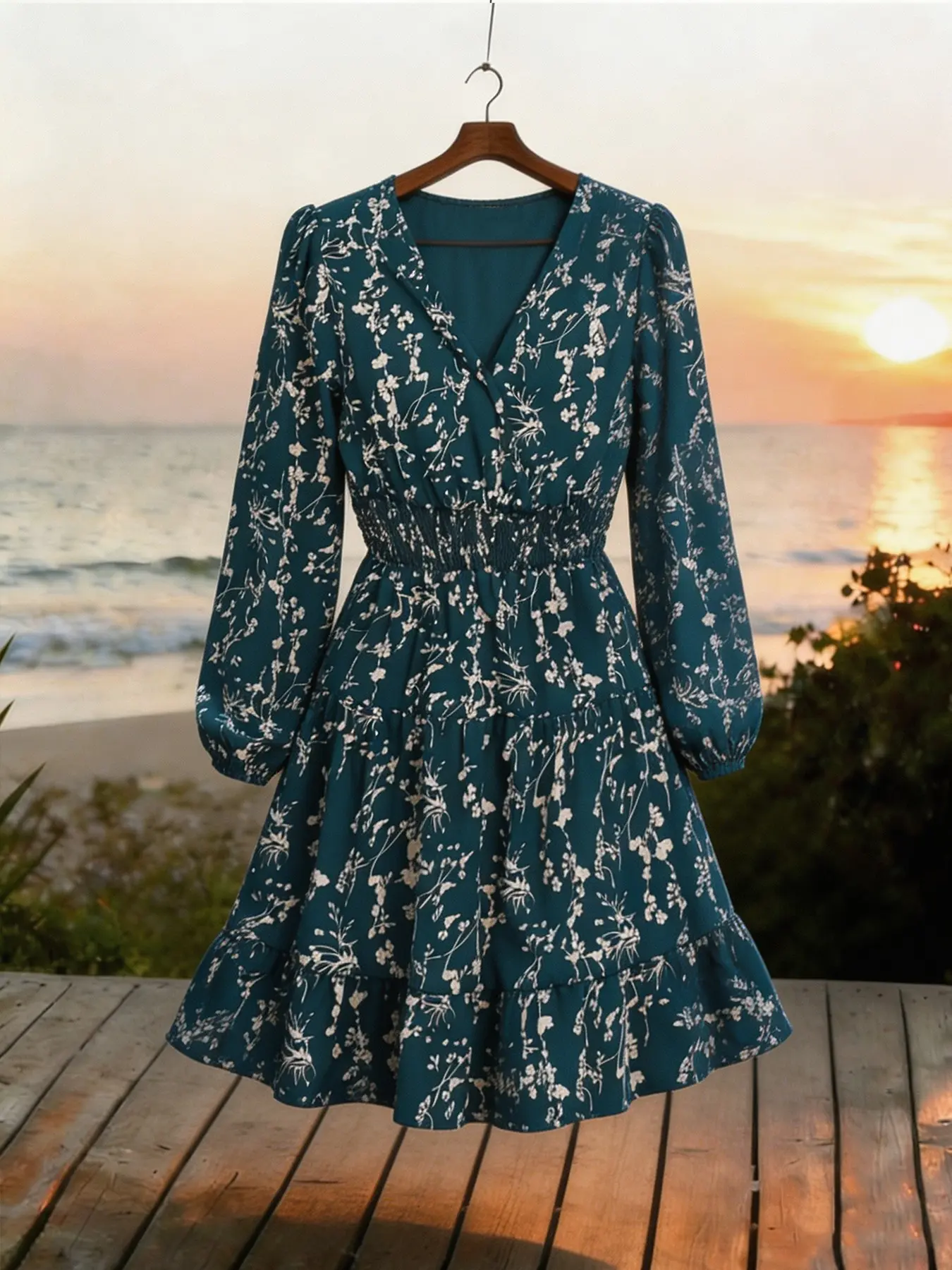 Ditsy floral V-neck Long sleeve dress with a fitted waist and A-line skirt.Blends French countryside charm with American casual vibes, your go-to vacation floral dress Womenswear.Perfect for daily outings and romantic dates.