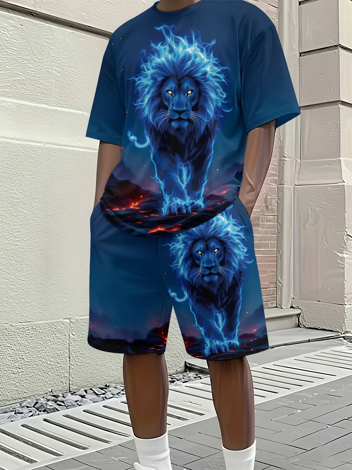 Blue Flame Lion 3D Digital Printed Two-Piece Set, 2Pcs, Trendy Fashion Set, Trendy Retro Casual Two-Piece Set, Vacation Style Trendy Outfit, Breathable Sports Casual Style, Perfect Holiday Gift for Men