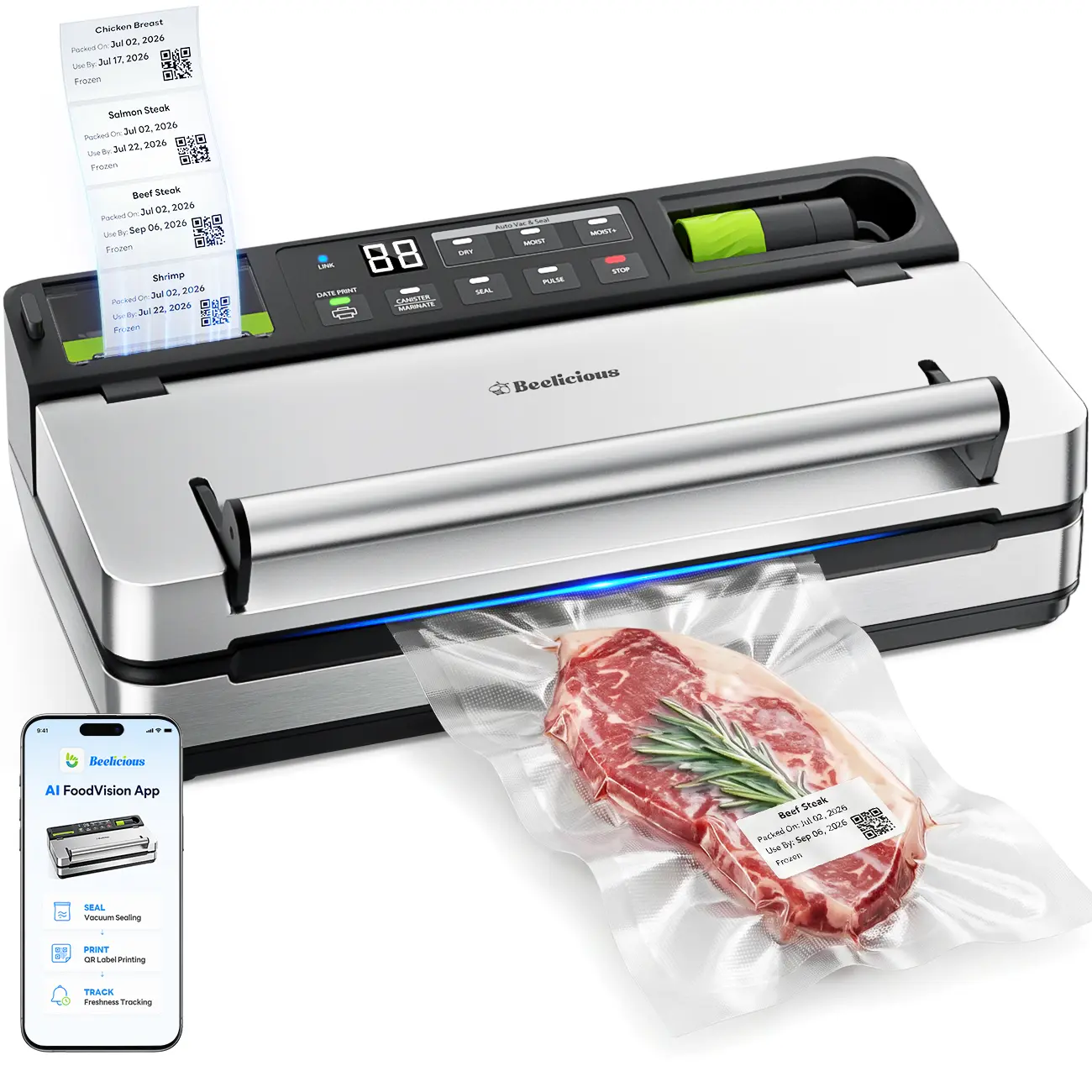 98kPa Vacuum Sealer with FoodTrace Label Printing & Food Management App, Dual-Pump Food Sealer with Double Heat Seal, Extra Moist Mode for Meal Prep, Sous Vide & Freezer Storage, VSP801, Silver