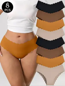 8 Pack Women's Seamless Smooth Panties - Scalloped Edge Maillard Color Palette All-Day Comfort Breathable Nylon Spandex Premium Underwear