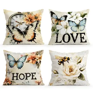 4 PCS Flowers and Butterfly Throw Pillow Cover, 18 x 18 Inch, Pillow Cover for Cushion Living Room, Bedroom, Couch and Sofa, High Listed Printed (No Pillowcase Insert) Multicolor