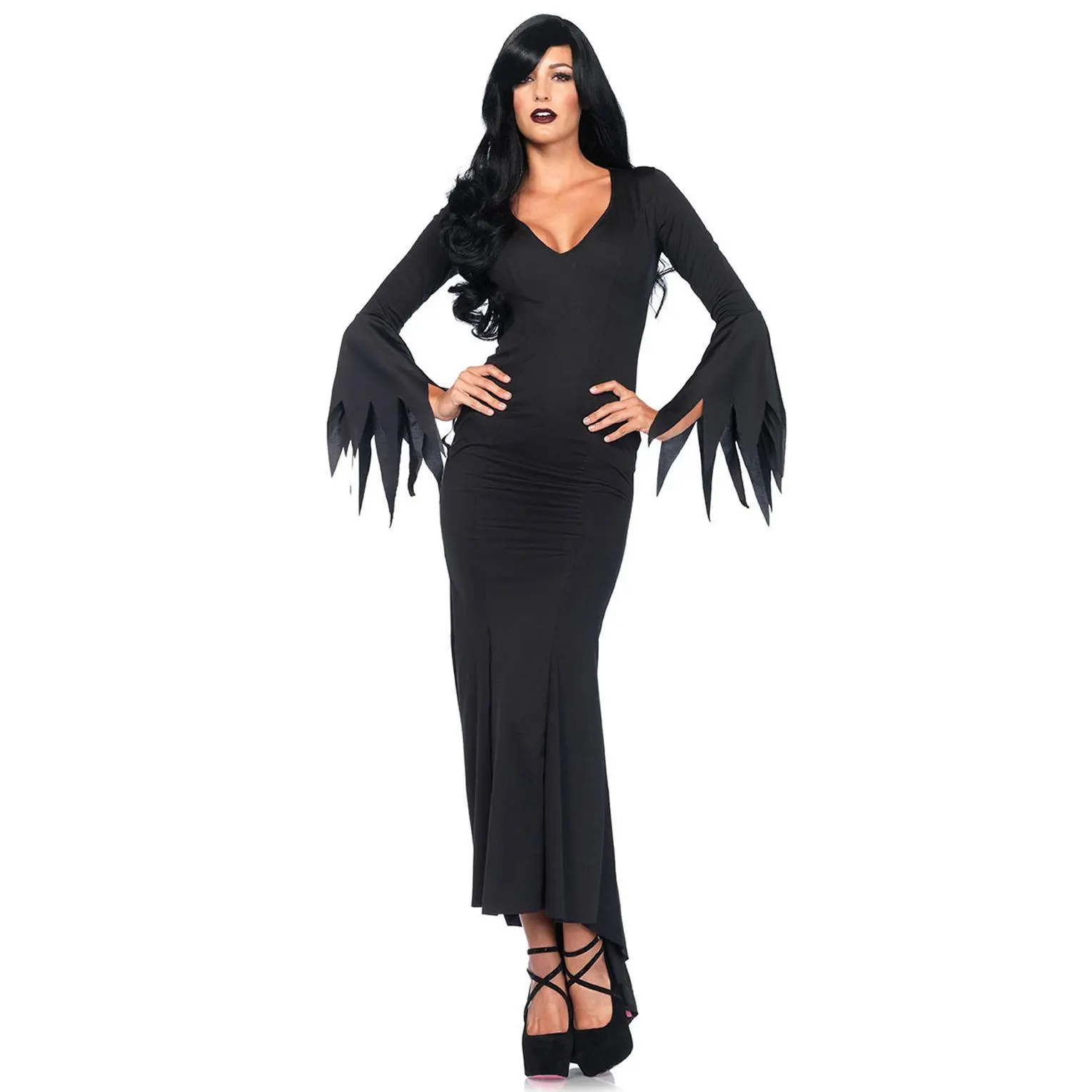 The Leg Avenue High Slit Floor Length Bodycon Gothic Dress - Sexy Sultry Classic Tentacle Bell Sleeves Spandex Polyester Stretchy Formal Womenswear