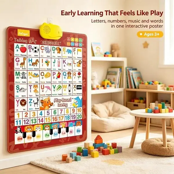 English-Spanish Bilingual Talking Alphabet Poster for Toddlers Ages 3-6, Interactive Wall Chart with Native Pronunciation, Waterproof Wipe-Clean ABC Number Piano Learning Toy, Screen-Free Homeschool Supply, Ideal Educational Gift