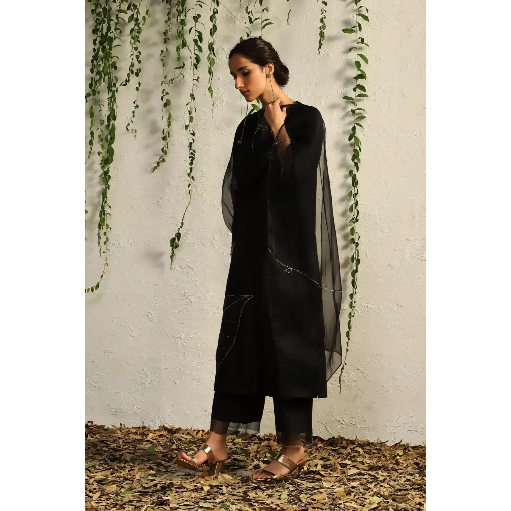 Black chanderi straight kurta set