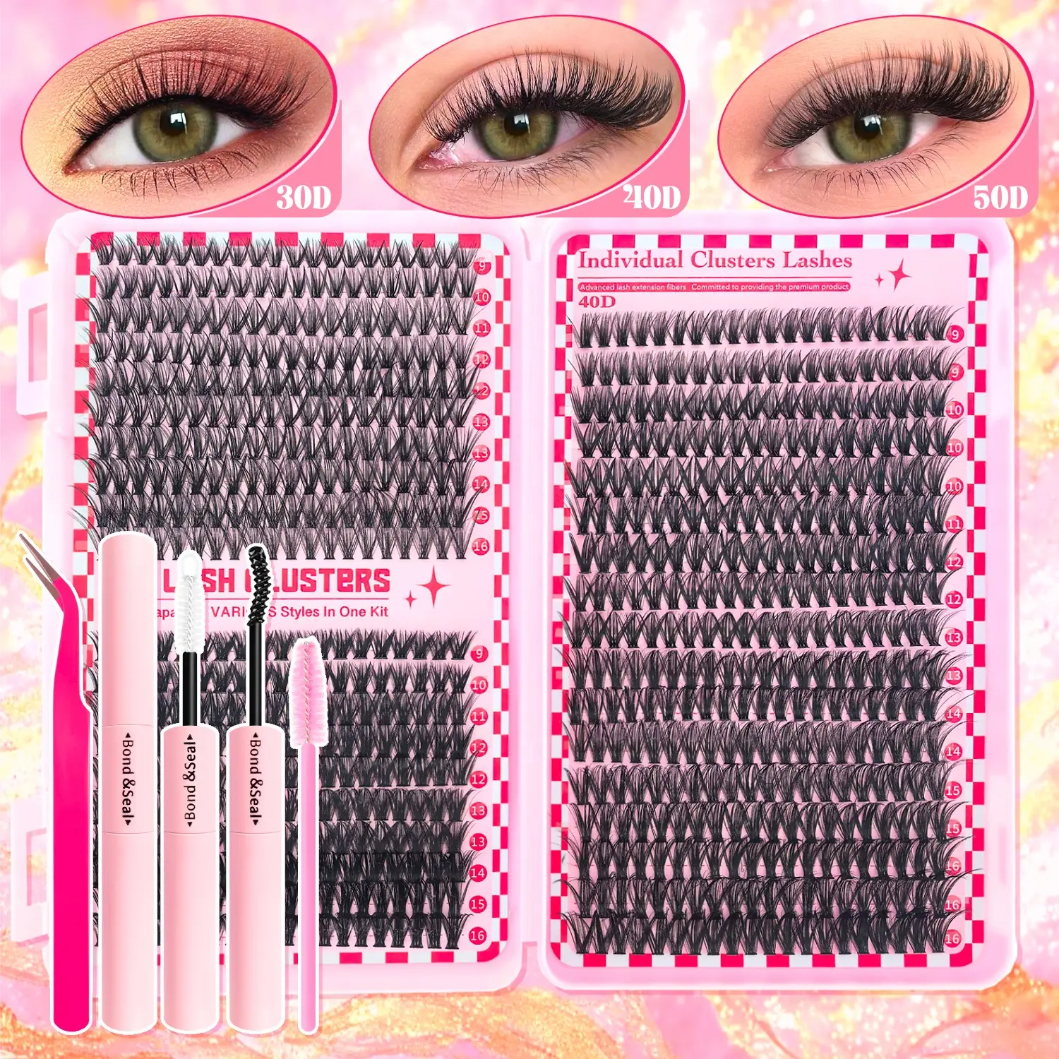 740/800pc Eyelash Book Set, D Curl Fluffy Lightweight Makeup Lashes, Includes Glue Tweezers Brush, Waterproof, Ideal for Salons DIY Daily Wear Travel, Fluffy False Eyelashes
