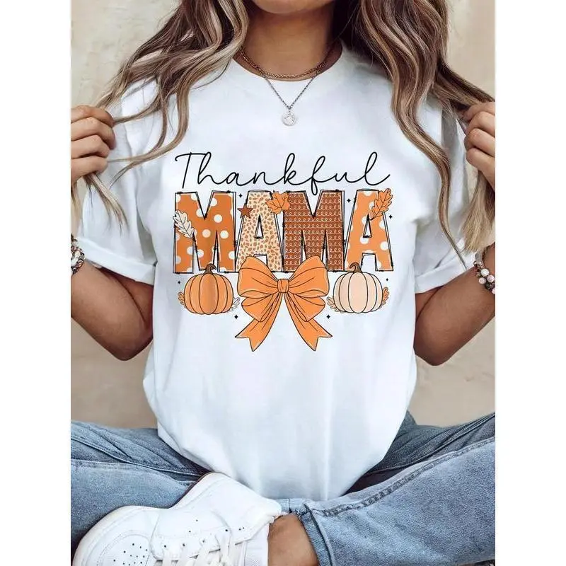 Cotton Thanksgiving Graphic Women T Shirt Thankful Mama Coquette Fall Pumpkin Spice Thanksgiving Women T-Shirt walk  by  faith  tee Flower Print Casual T-Shirt Unisex Horror Movie Villains Asymmetrical Long Sleeve Cami Top Elegant Blue Long Sleeve To